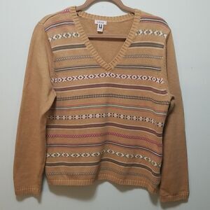 Vintage IZOD tan with print V neck sweater. Size L.